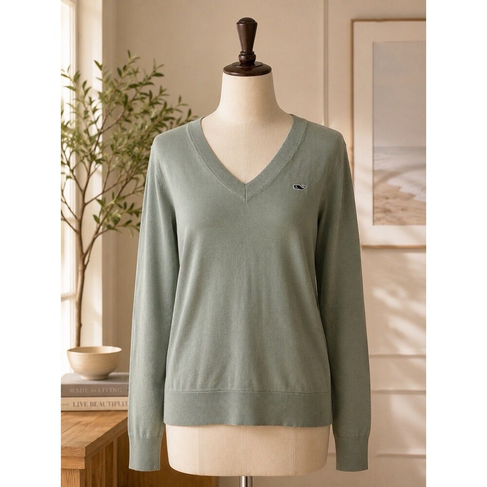 Vineyard Vines Womens Green Knit V-Neck Logo Pullover Sweater Solid - S